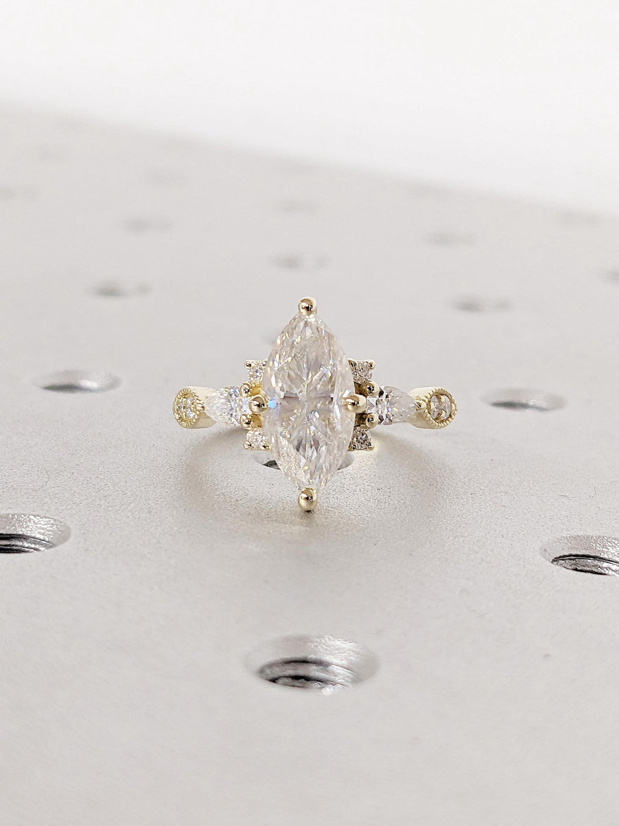 Vintage Marquise Moissanite Engagement Ring in Yellow Gold, Art Deco P ...