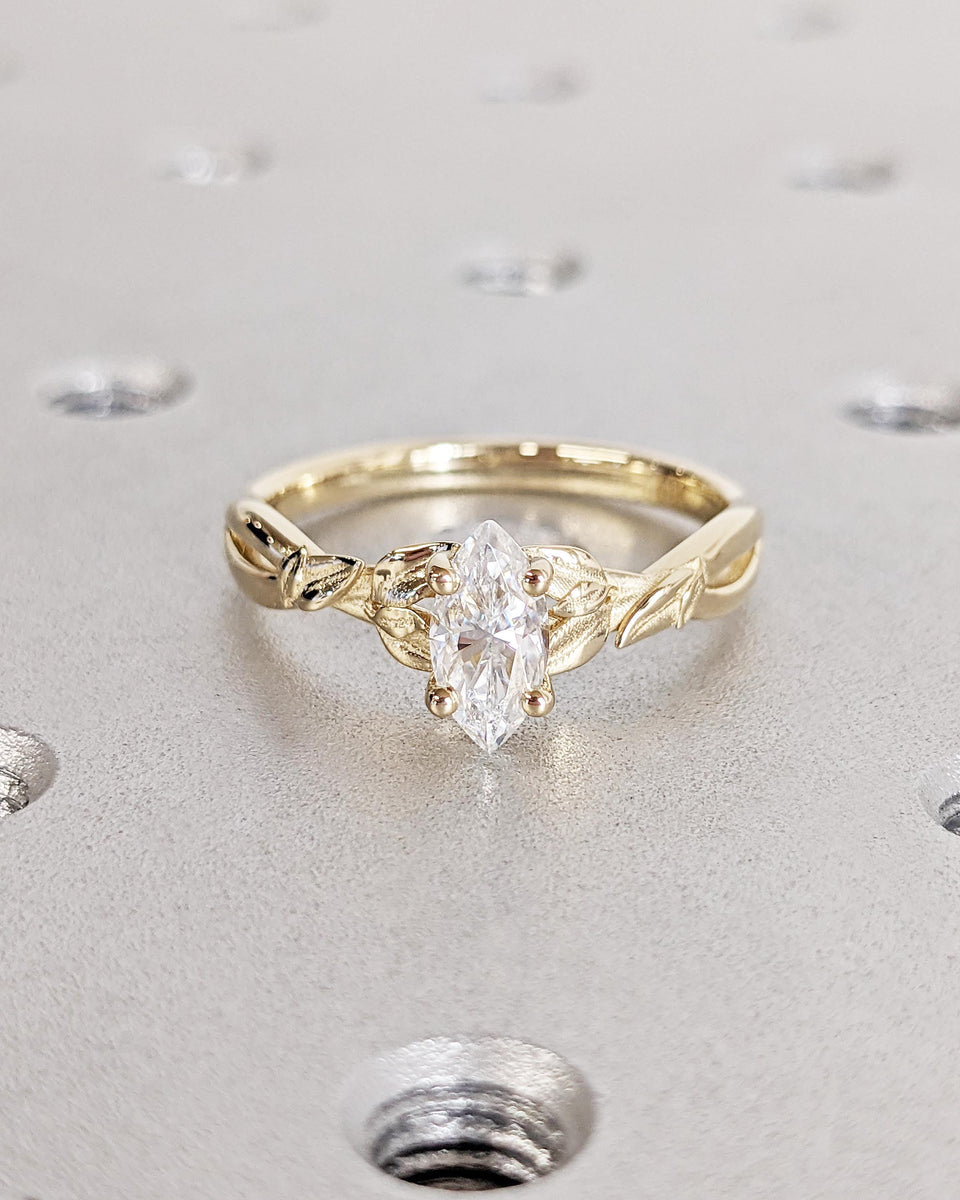 Vintage Marquise Cut Lab Diamond Engagement Ring Leaf 14K Yellow Gold ...