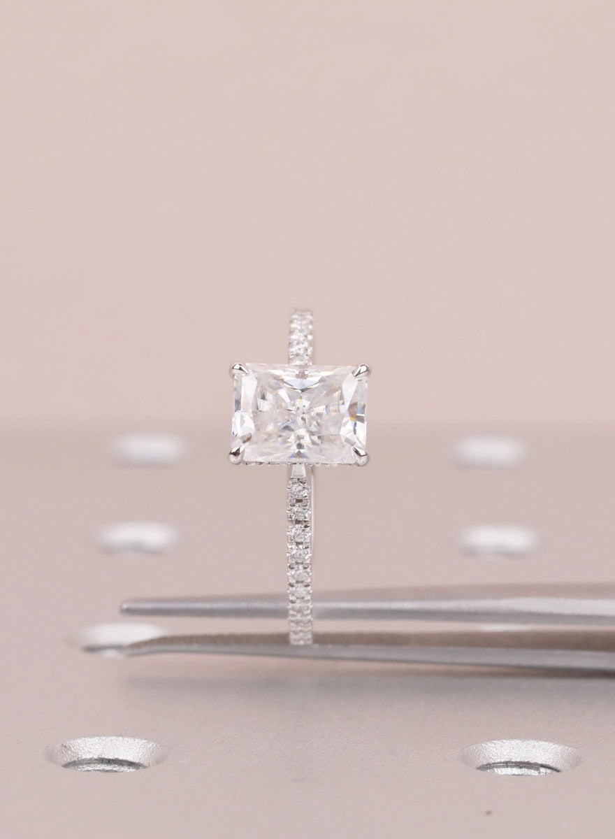Radiant Cut Moissanite Engagement Ring | 14K White Gold Hidden Halo We ...