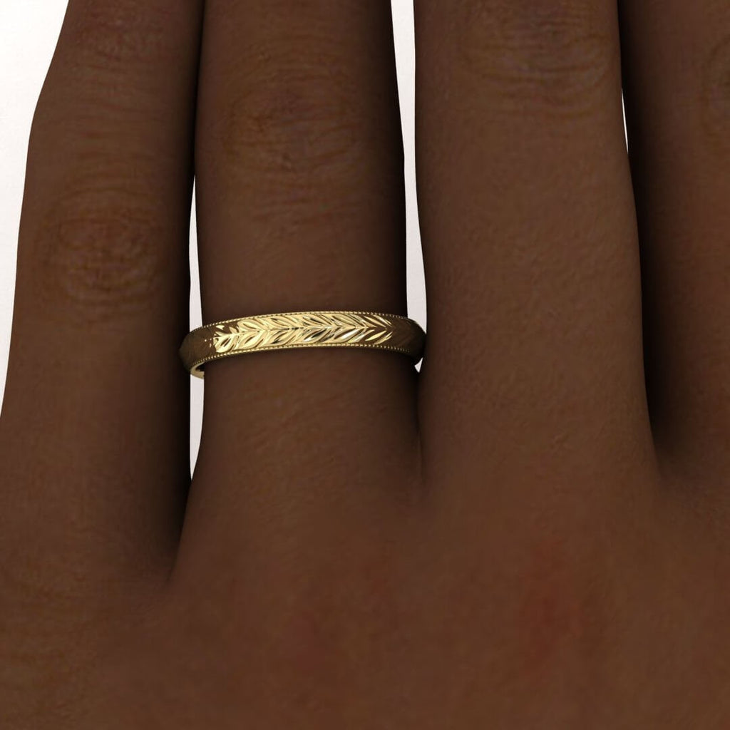 14k yellow gold giada hand engraved vintage ring, Leaf engraving, Knife edged, 14K Yellow Gold, Wedding Band image #4