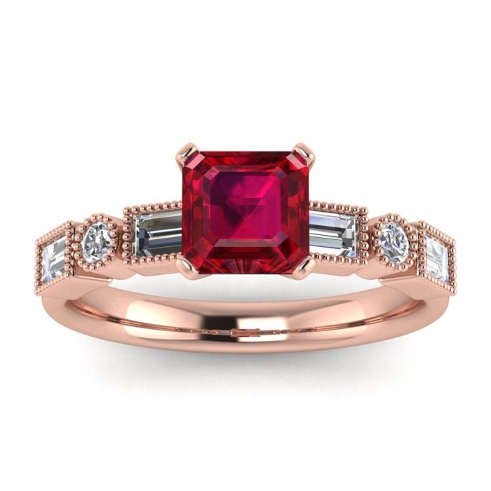 14k rose gold Amara asscher cut ruby and diamond baguette ring (3/5 ct. tw.) prong setting, round and baguette gemstones ,Ruby Ring