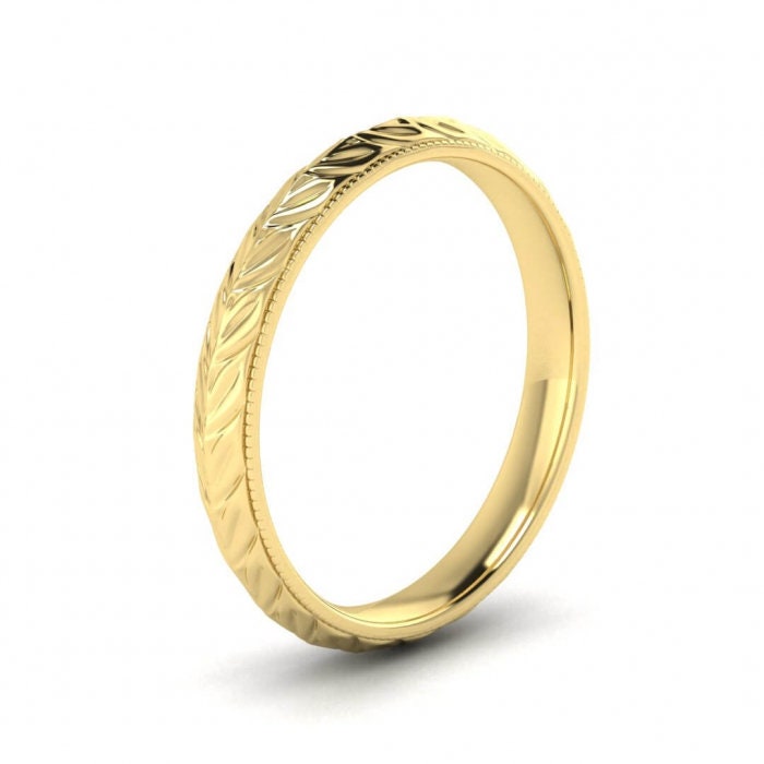 14k yellow gold giada hand engraved vintage ring, Leaf engraving, Knife edged, 14K Yellow Gold, Wedding Band image #2