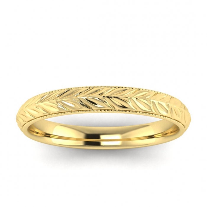 14k yellow gold giada hand engraved vintage ring, Leaf engraving, Knife edged, 14K Yellow Gold, Wedding Band image #1