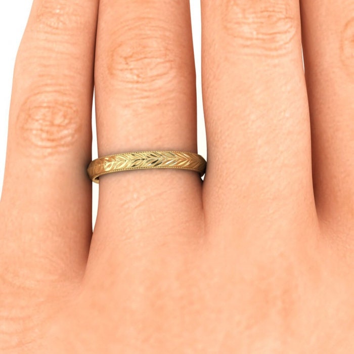 14k yellow gold giada hand engraved vintage ring, Leaf engraving, Knife edged, 14K Yellow Gold, Wedding Band image #3