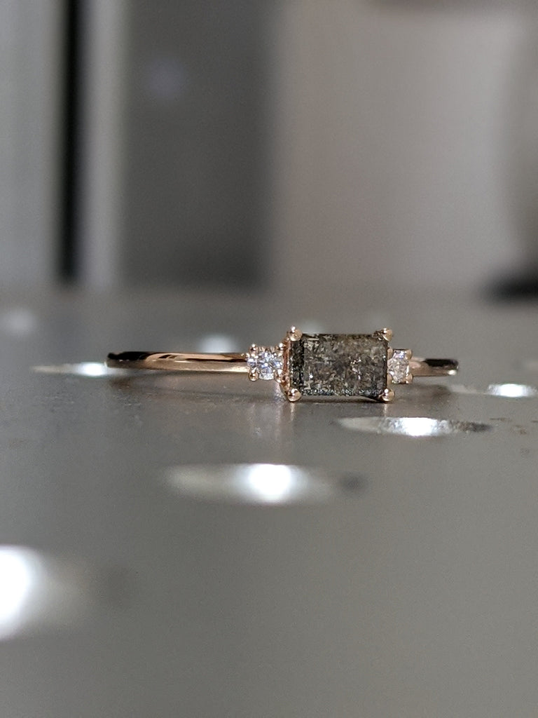 Salt And Pepper Diamond Emerald Ring, Salt And Pepper Diamond Vintage Engagement Ring, Vintage Baguette Ring, Raw Diamond Ring, Raw Emerald image #6
