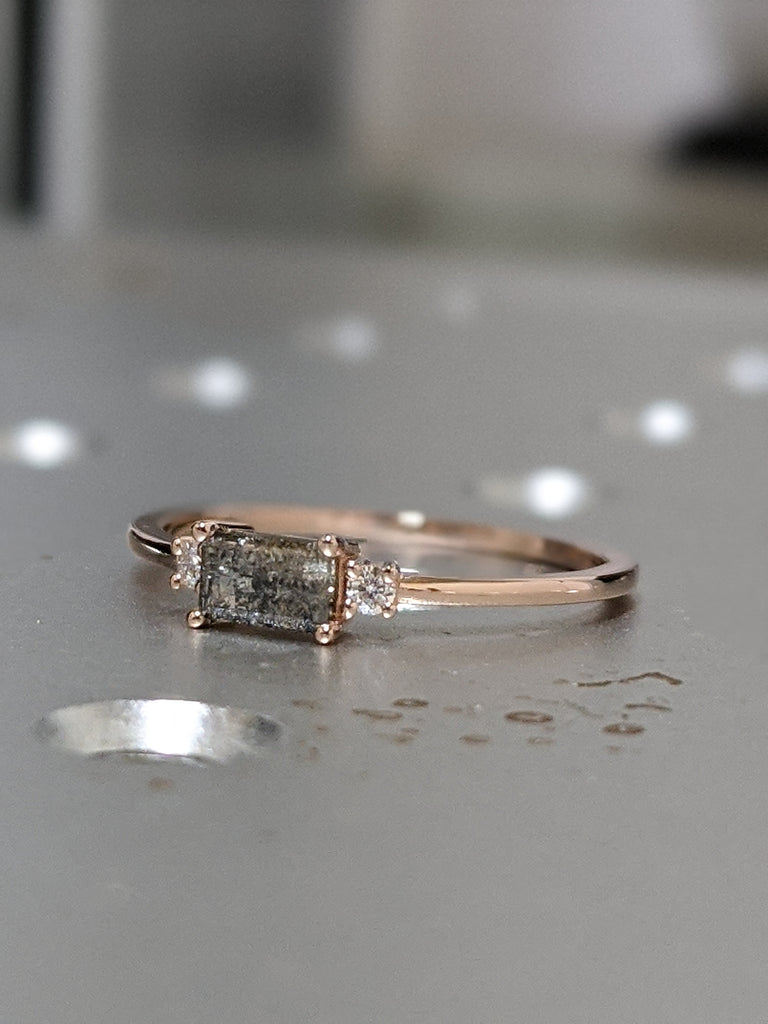 Salt And Pepper Diamond Emerald Ring, Salt And Pepper Diamond Vintage Engagement Ring, Vintage Baguette Ring, Raw Diamond Ring, Raw Emerald image #2
