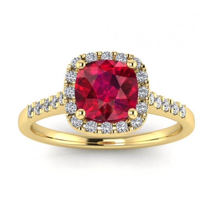 14k rose gold Gaia cushion cut ruby and diamond halo ring (1/4 ct. tw.), cushion halo, french pave