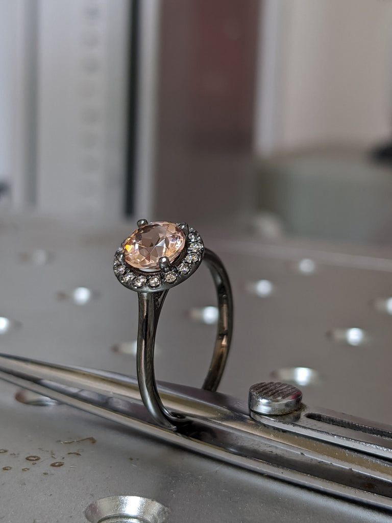 Black Gold Delicate Halo Morganite And Diamond Ring (1/5 CT. TW.) Scalloped pave halo, high profile prongs, bridged shank Anne