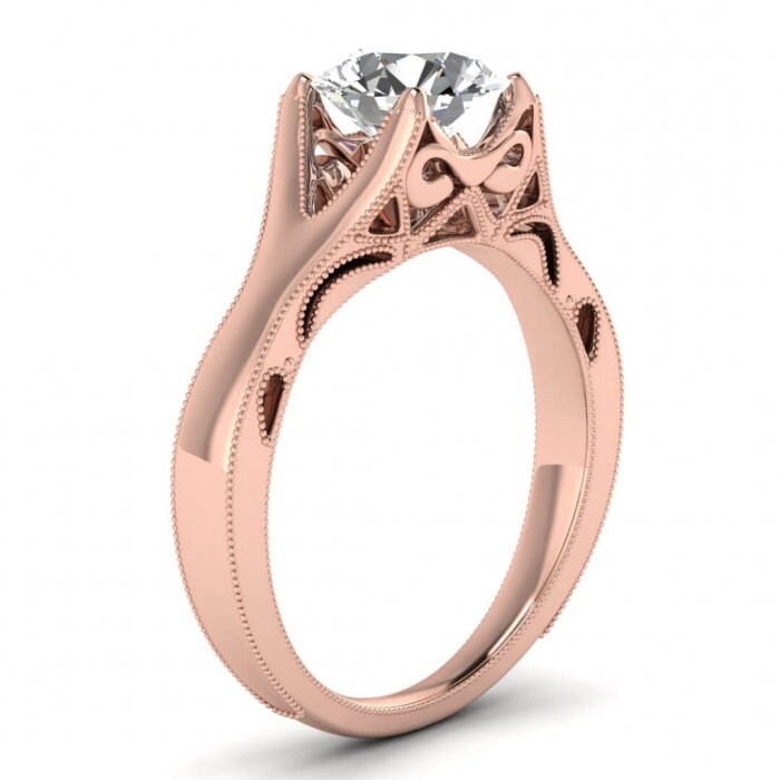 Rose Gold Shiny Milgrained Engagement Ring, Milgrained, 4 Prong Setting, Vintage Touch, Open Gallery, Moissanite Engagement Ring Nova