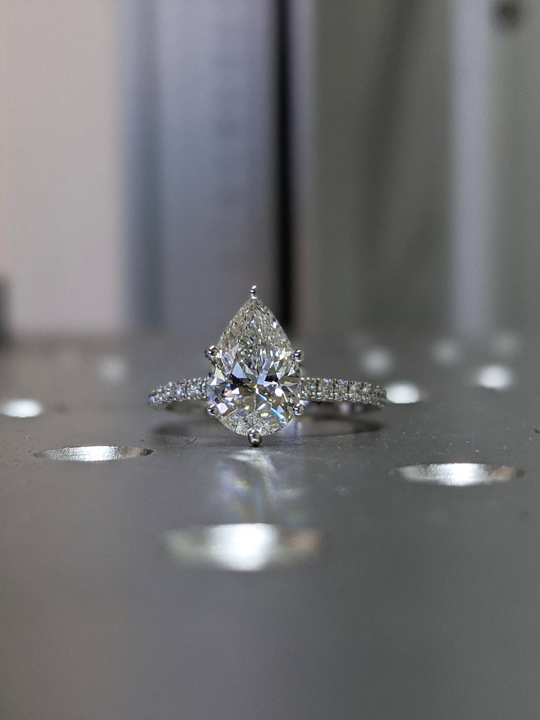 Pear cut VVS Moissanite White Gold Promise Ring | Thin Band Half Eternity Engagement Ring | Paved Natural Diamond Ring