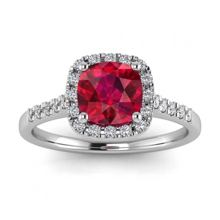 14k rose gold Gaia cushion cut ruby and diamond halo ring (1/4 ct. tw.), cushion halo, french pave