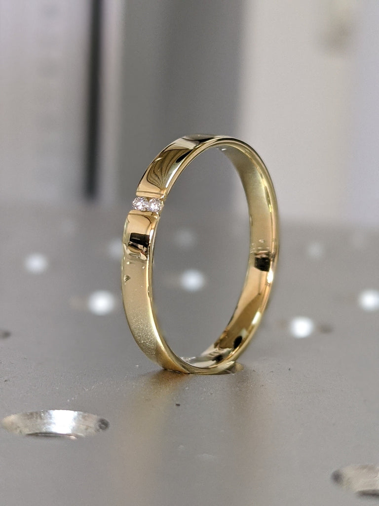 14k yellow gold diamond bezel ring 3mm, Bezel tension like setting, Gemstone band, Round edges, 14K Yellow Gold, Wedding Band