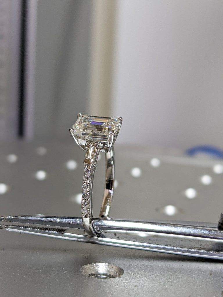 0.5-2.5ct Emerald cut Moissanite Engagement Ring | Half Eternity Paved Diamond Band | 14k White Gold Wedding Ring