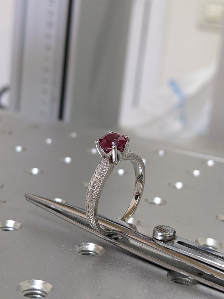 2ct Ruby Engagement Ring, 14k White Gold Maribel Hand Engraved Ruby Vintage Ring, Vintage Ruby Ring, Engraved Unique Ruby Engagement Ring