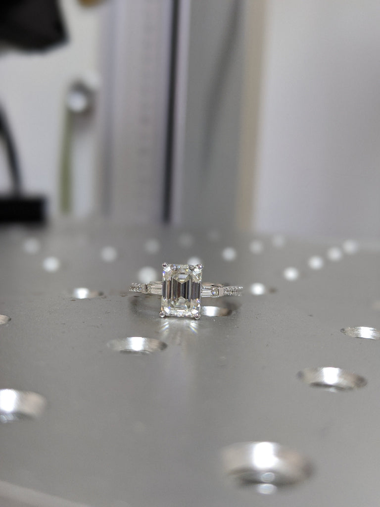 0.5-2.5ct Emerald cut Moissanite Engagement Ring | Half Eternity Paved Diamond Band | 14k White Gold Wedding Ring