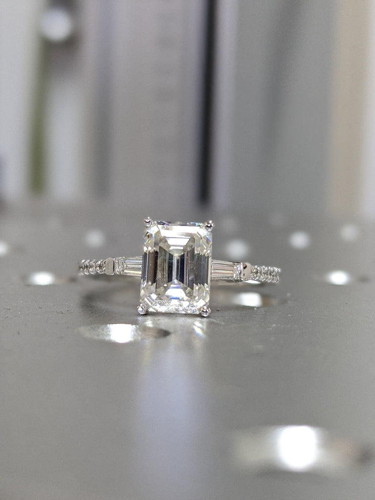 0.5-2.5ct Emerald cut Moissanite Engagement Ring | Half Eternity Paved Diamond Band | 14k White Gold Wedding Ring