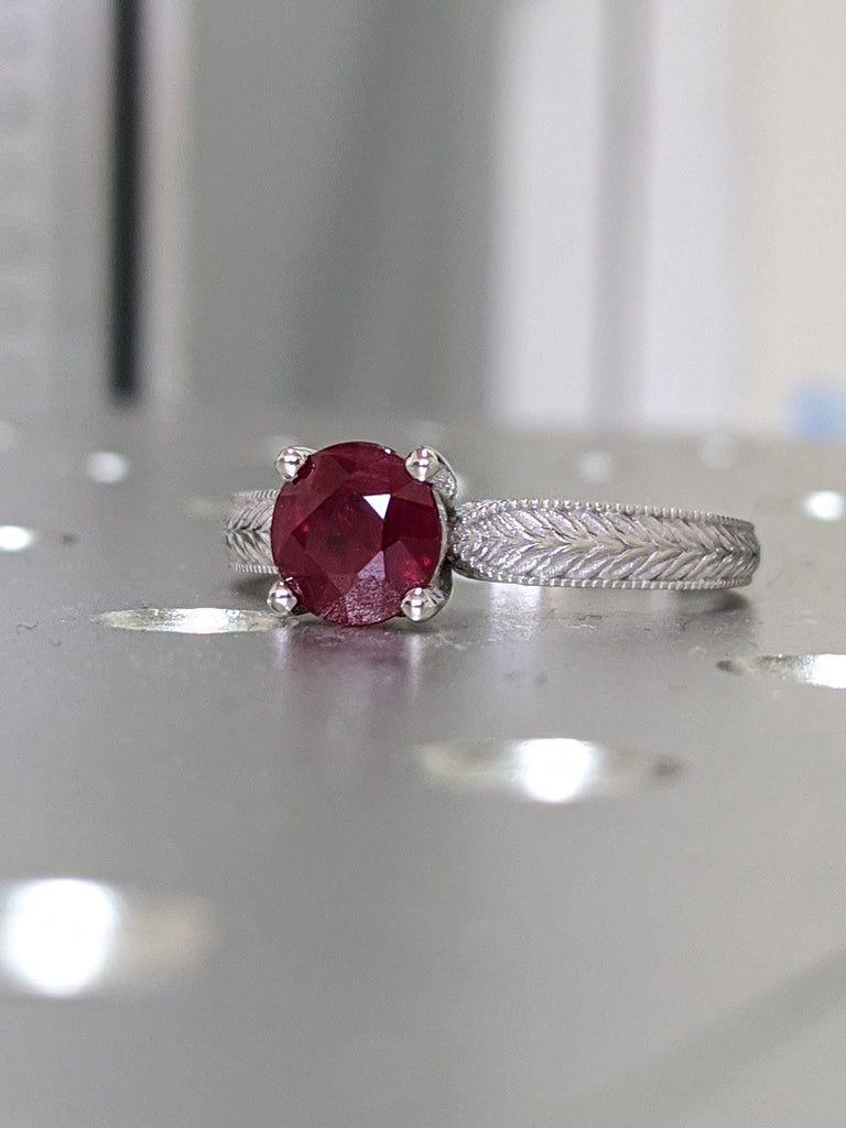 2ct Ruby Engagement Ring, 14k White Gold Maribel Hand Engraved Ruby Vintage Ring, Vintage Ruby Ring, Engraved Unique Ruby Engagement Ring