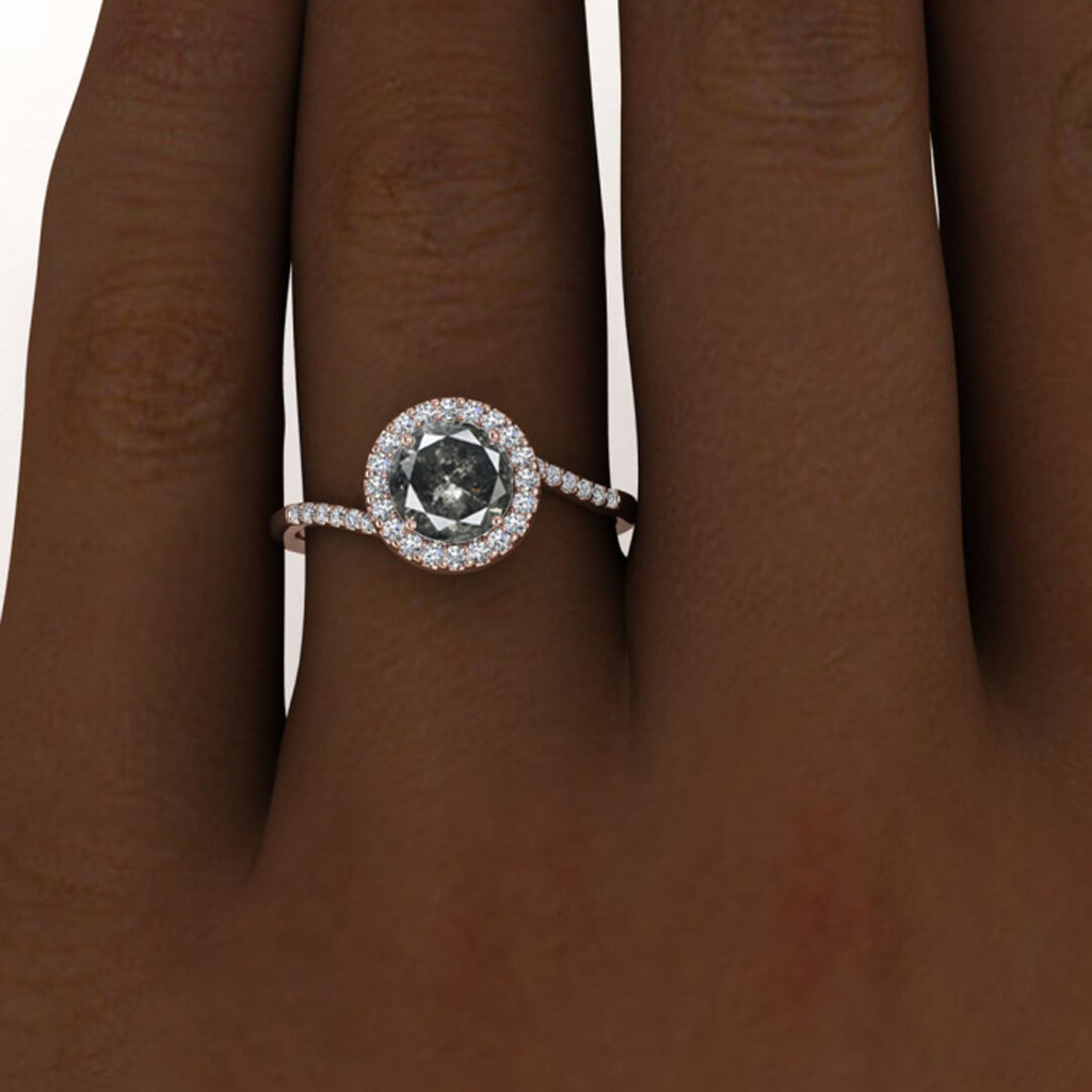 Raw Salt And Pepper Diamond Ring Rose Gold Petite Halo Salt And Pepper Diamond Ring(1/7 Ct. Tw.)Shared Prong,Unique,Petite,Paved Band,Swirl