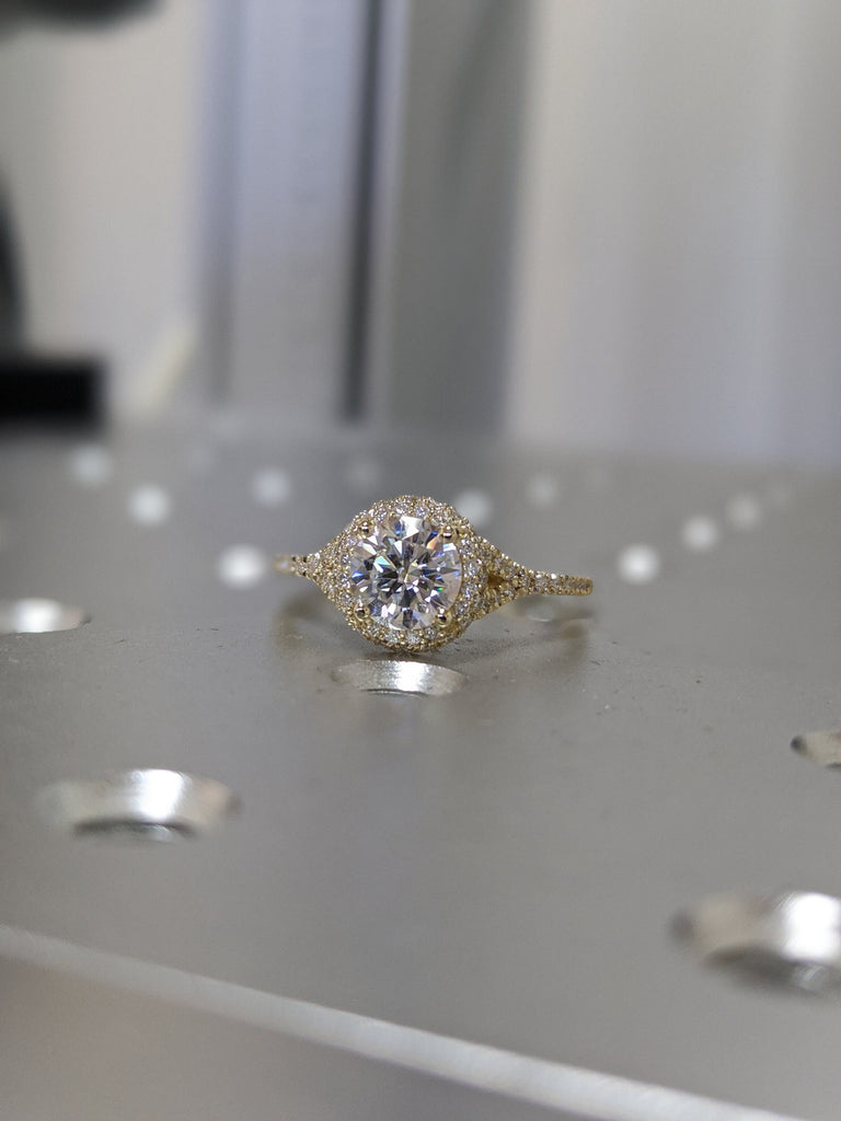 Moissanite Halo Ring, Round 1CT Moissanite Ring, Halo Pave Set Accents Diamond Ring, 14k Gold Engagement Ring, Promise Ring, Moissanite Ring