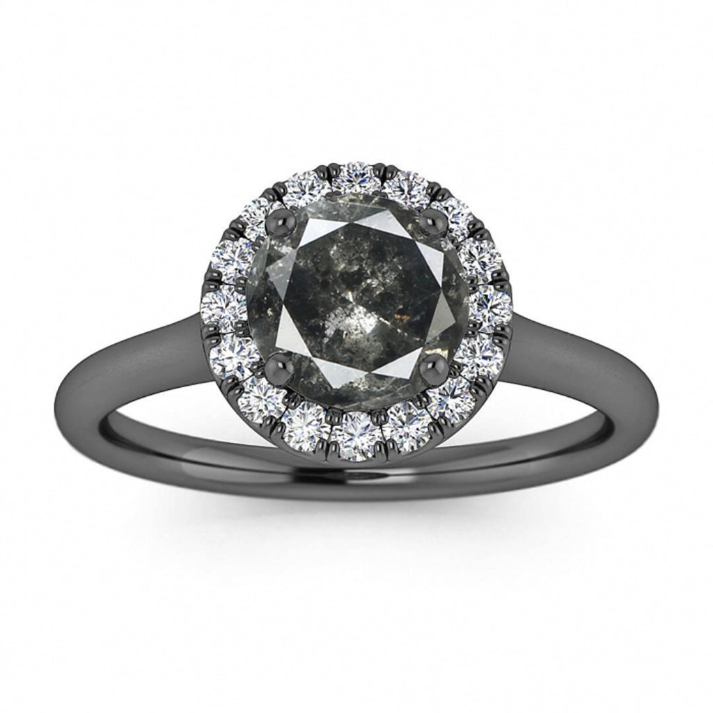 Raw Salt And Pepper Diamond Ring Black Gold Delicate Halo Salt And Pepper Diamond Ring (1/5 Ct. Tw.)Scalloped Pave Halo,Bridged Shank, Anne