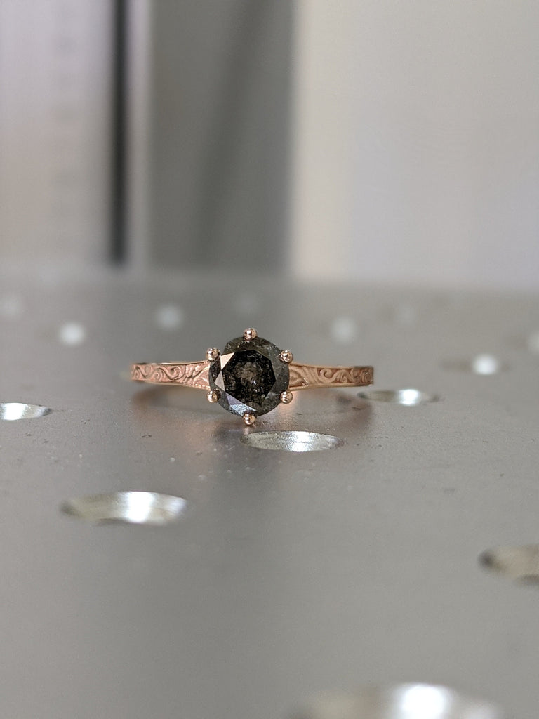 Rose Gold Raw Salt and Pepper Diamond /White /Yellow Gold Engagement Ring Art Deco 1920's Inspired Thin Petite Band 14k Unique Ring for Her