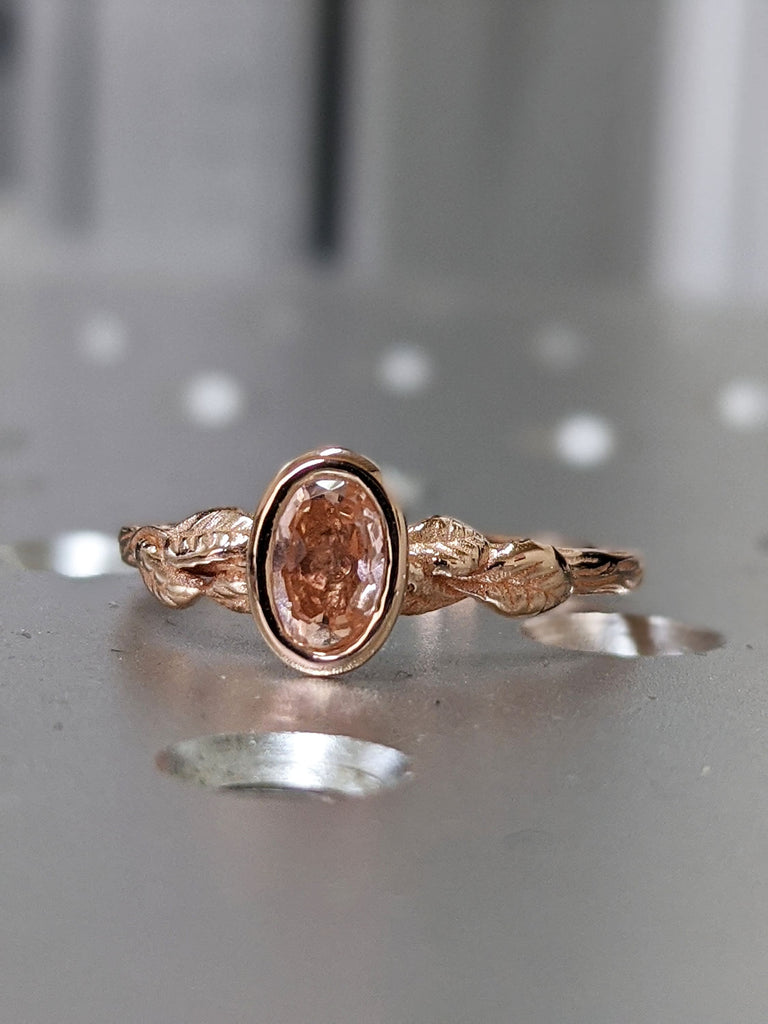 Oval Morganite Engagement Ring, Vintage Floral Morganite Ring, Rose Gold Floral Engagement Ring, Nature Inspired Leaf Morganite Ring