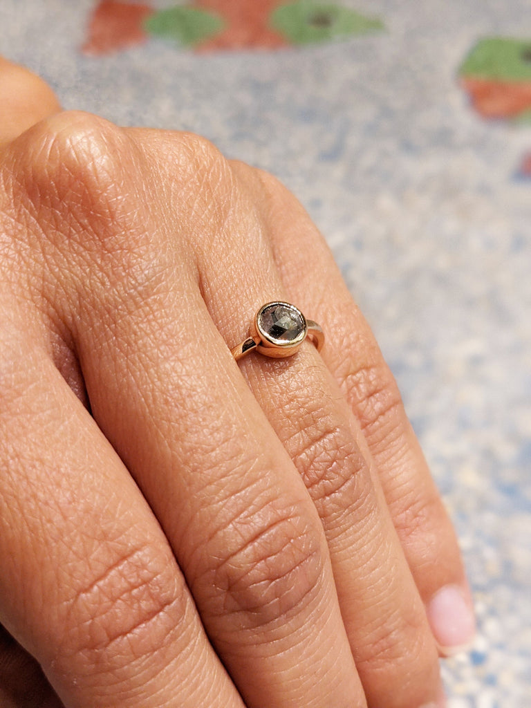 Unique Rose cut Salt and Pepper Grey Diamond Engagement Ring | Bezel set Round Solitaire Promise Ring | Rose Gold Bridal Set