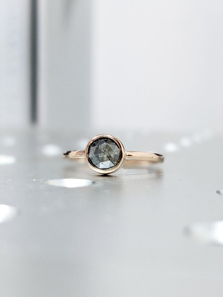 Unique Rose cut Salt and Pepper Grey Diamond Engagement Ring | Bezel set Round Solitaire Promise Ring | Rose Gold Bridal Set