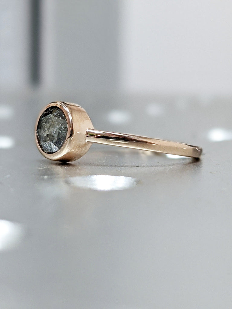 Unique Rose cut Salt and Pepper Grey Diamond Engagement Ring | Bezel set Round Solitaire Promise Ring | Rose Gold Bridal Set