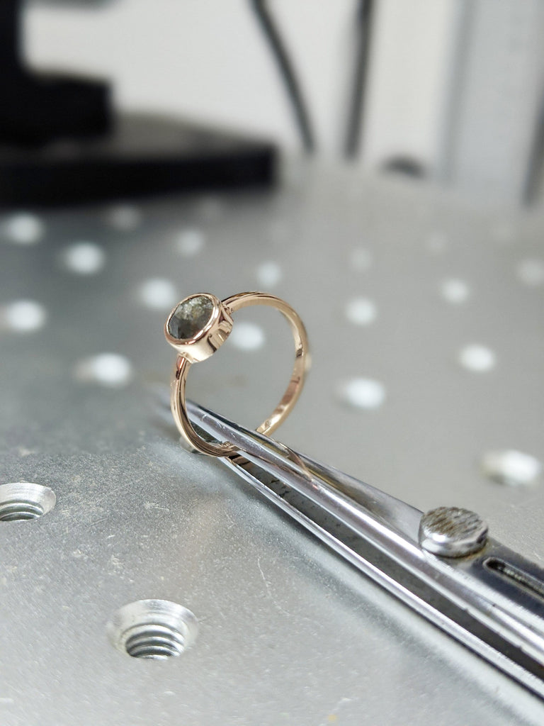 Unique Rose cut Salt and Pepper Grey Diamond Engagement Ring | Bezel set Round Solitaire Promise Ring | Rose Gold Bridal Set