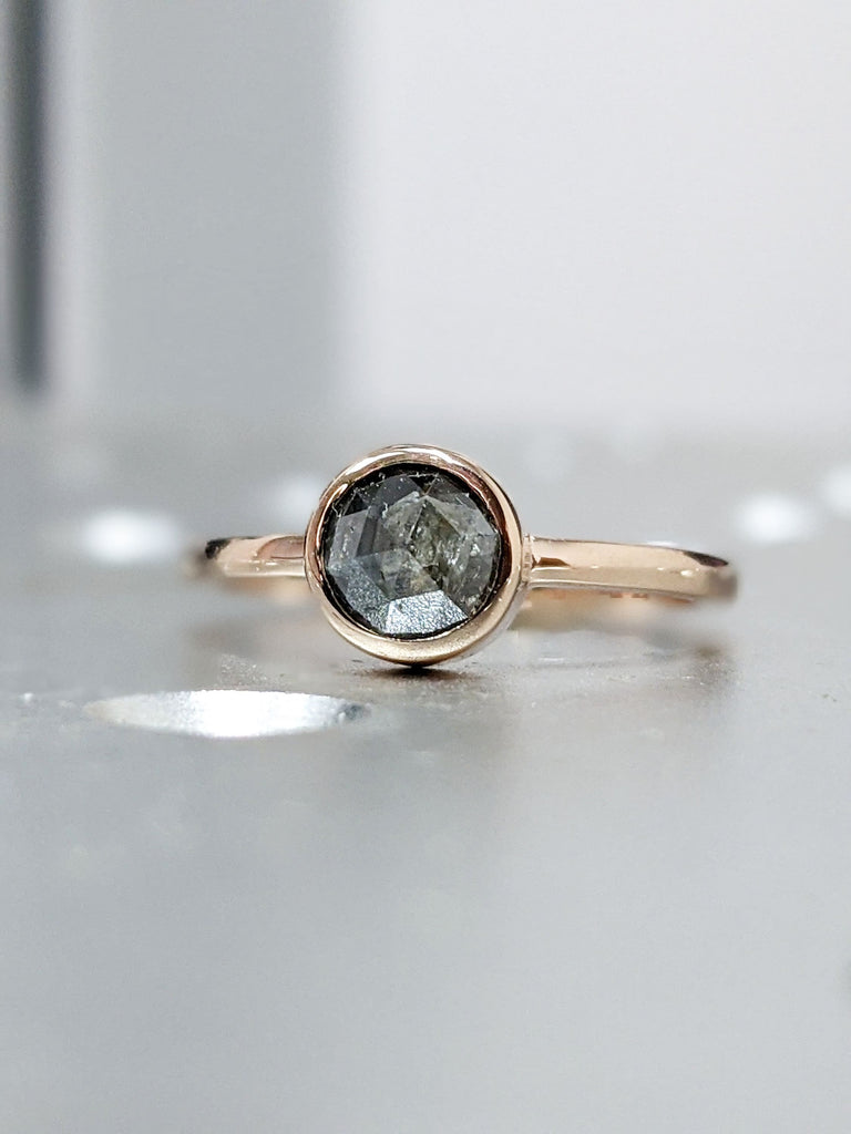 Unique Rose cut Salt and Pepper Grey Diamond Engagement Ring | Bezel set Round Solitaire Promise Ring | Rose Gold Bridal Set