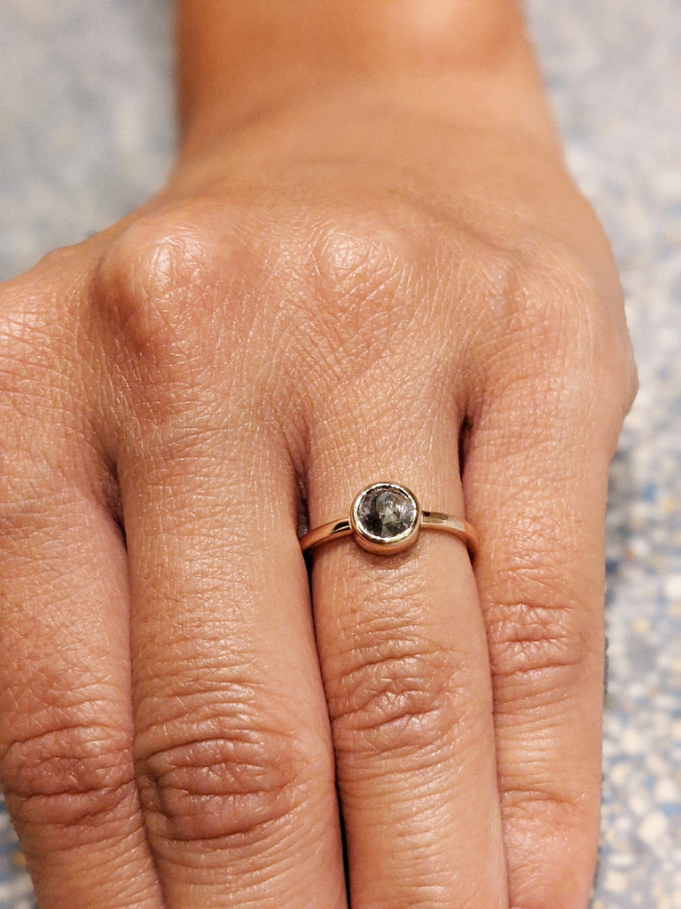 Unique Rose cut Salt and Pepper Grey Diamond Engagement Ring | Bezel set Round Solitaire Promise Ring | Rose Gold Bridal Set