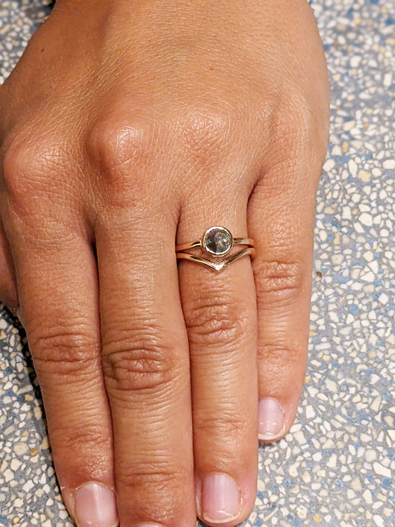 Unique Rose cut Salt and Pepper Grey Diamond Engagement Ring | Bezel set Round Solitaire Promise Ring | Rose Gold Bridal Set
