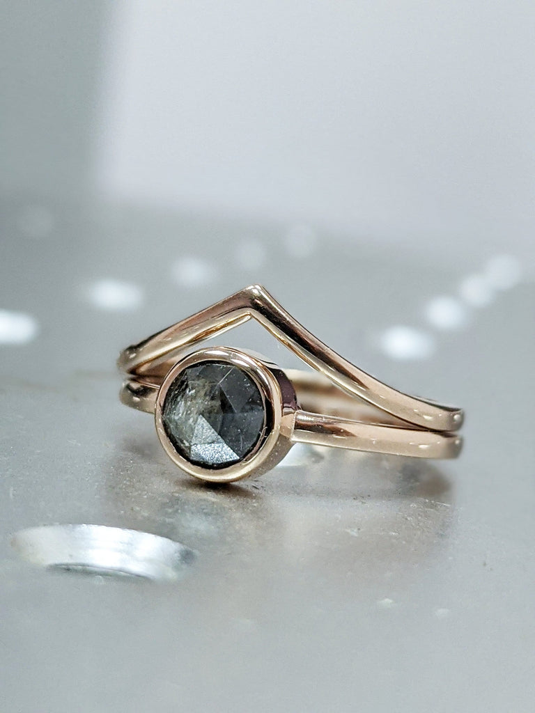 Unique Rose cut Salt and Pepper Grey Diamond Engagement Ring | Bezel set Round Solitaire Promise Ring | Rose Gold Bridal Set
