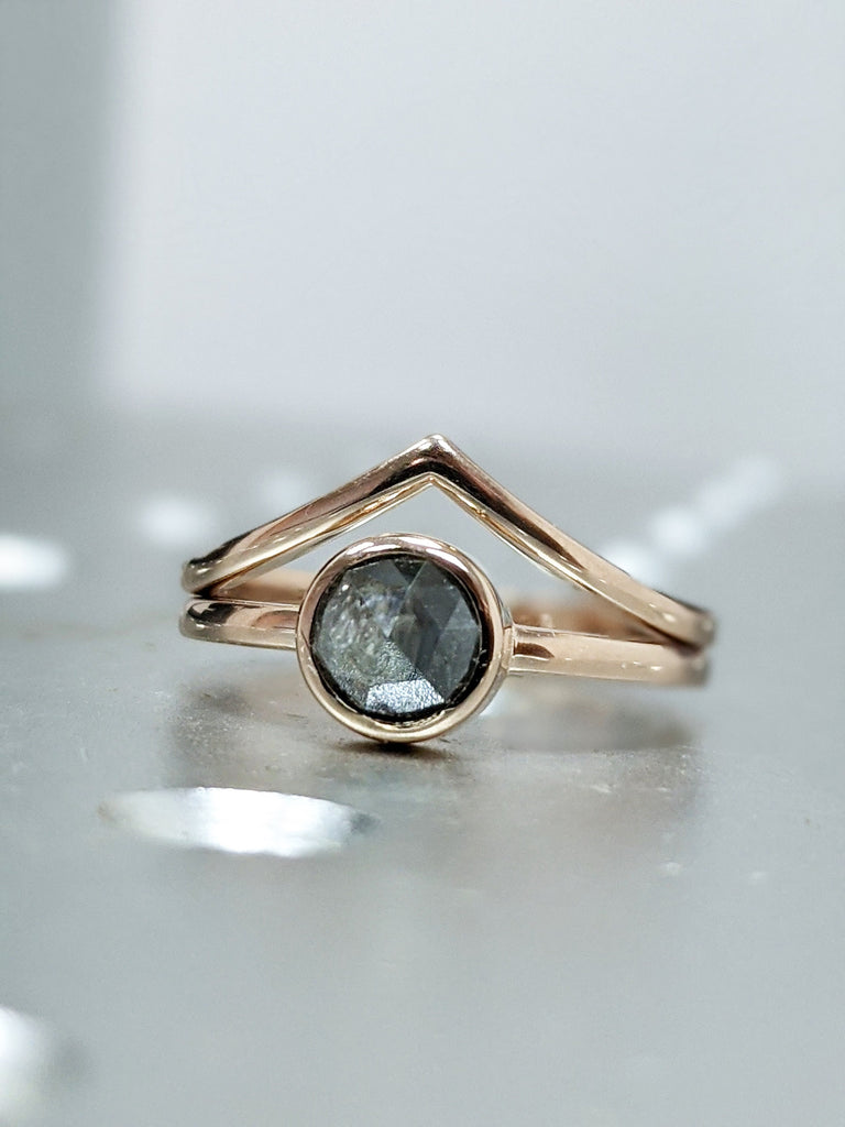 Unique Rose cut Salt and Pepper Grey Diamond Engagement Ring | Bezel set Round Solitaire Promise Ring | Rose Gold Bridal Set