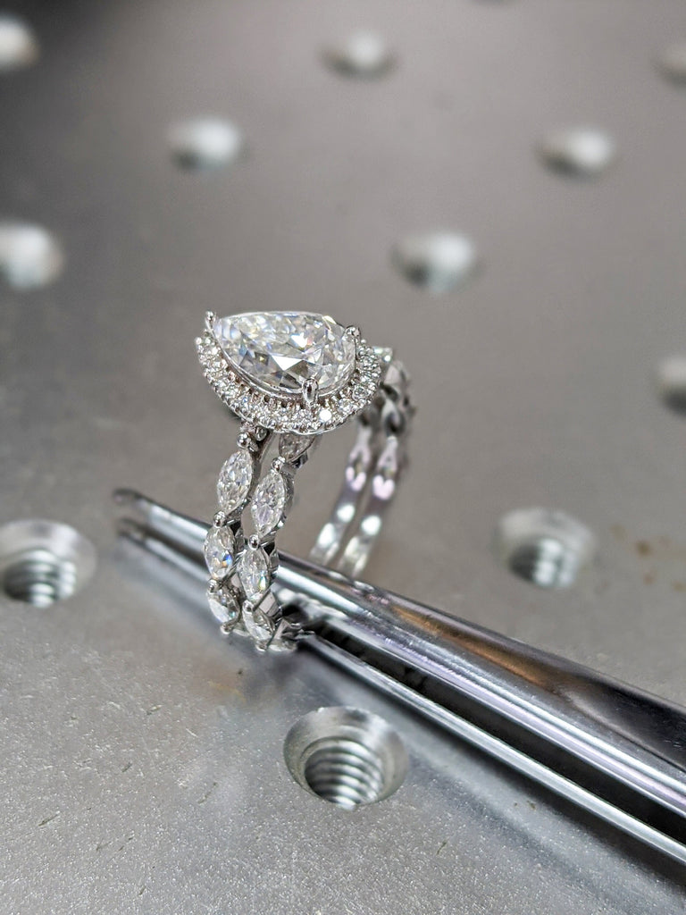 Upgrade for James in order 3270654197- to 1ct pear moissanite - 8US, 14K white gold, diamond halo, marquise moissanites