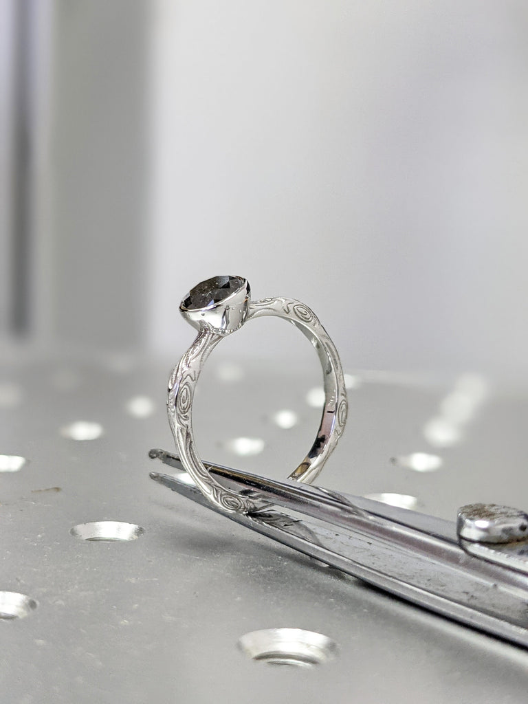 Raw Salt And Pepper Diamond Ring White Gold Bezel Set Engagement Ring, Bezel Setting,Vintage Inspired Engagement Ring, Nature Bridal Set