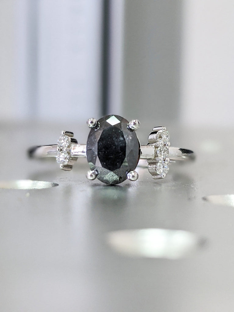 Oval Dark Salt And Pepper Diamond Ring, 8x6mm Oval Diamond, Unique 2/3/5 Years Anniversary, Galaxy Diamond Salt And Pepper Engagement Ring
