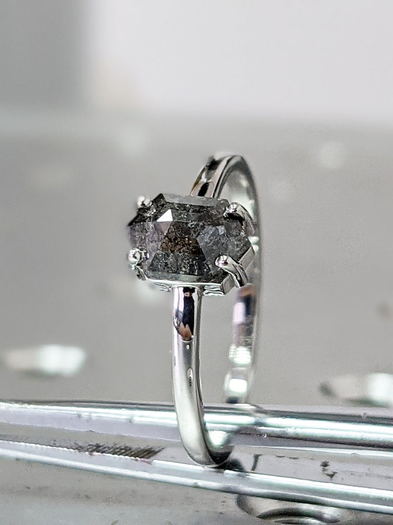 White Gold Raw Diamond, Salt and Pepper, Hexagon, Unique Engagement Ring, Rose Cut Geometric Diamond Ring, 14k Gold, Custom Handmade