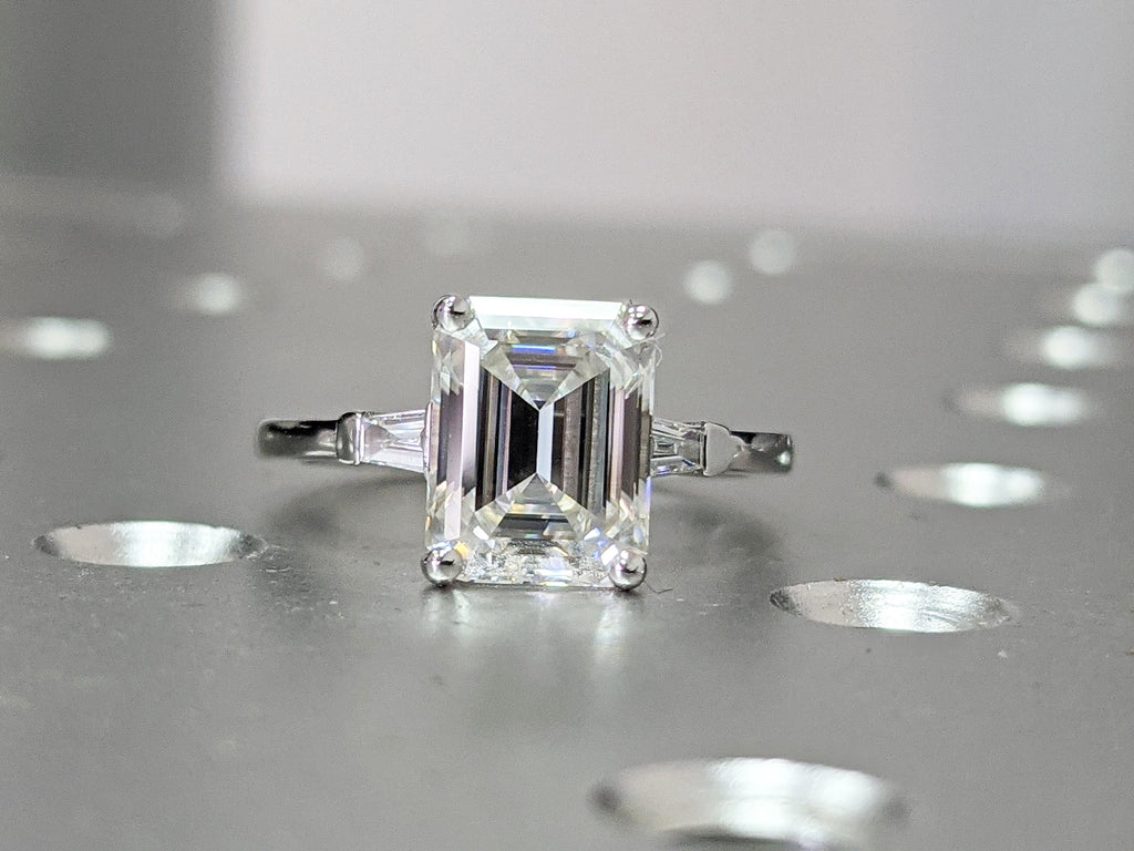 3ct Emerald Cut Engagement Ring, Emerald Cut Ring, Baguette Engagement Ring, Solid 14k Gold Moissanite Engagement Ring