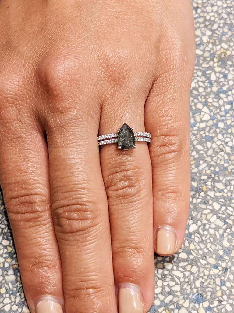 1920's Raw Salt and Pepper Diamond | Pear Diamond Ring | Unique Engagement Bridal Set | Black, Gray Pear | 14k Yellow, Rose, or White Gold