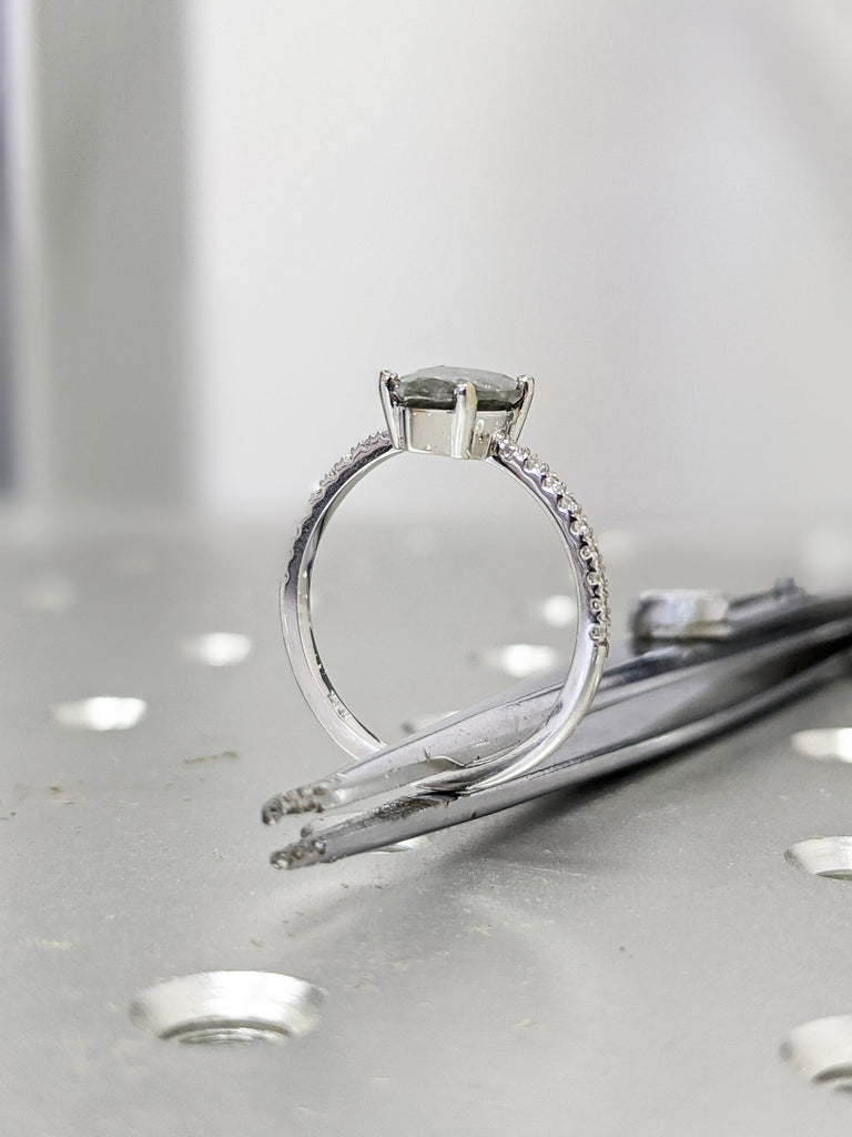 1920's Raw Salt and Pepper Diamond | Pear Diamond Ring | Unique Engagement Bridal Set | Black, Gray Pear | 14k Yellow, Rose, or White Gold