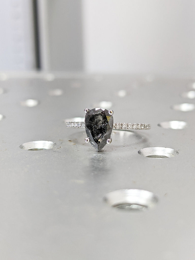 Natural Black Diamond Engagement Ring | 14k Gold Rings for Women | 1ct, 1.5 Carat Salt and Pepper Diamond | Pear cut Ring | Promise Ring