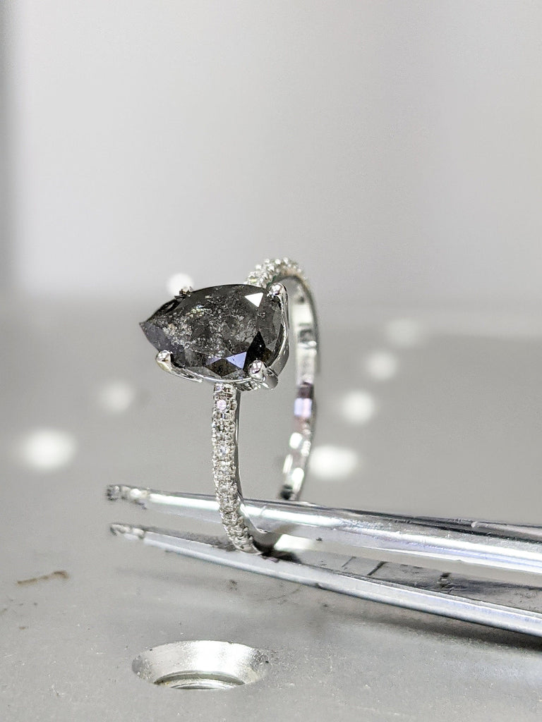 1920's Raw Salt and Pepper Diamond | Pear Diamond Ring | Unique Engagement Bridal Set | Black, Gray Pear | 14k Yellow, Rose, or White Gold