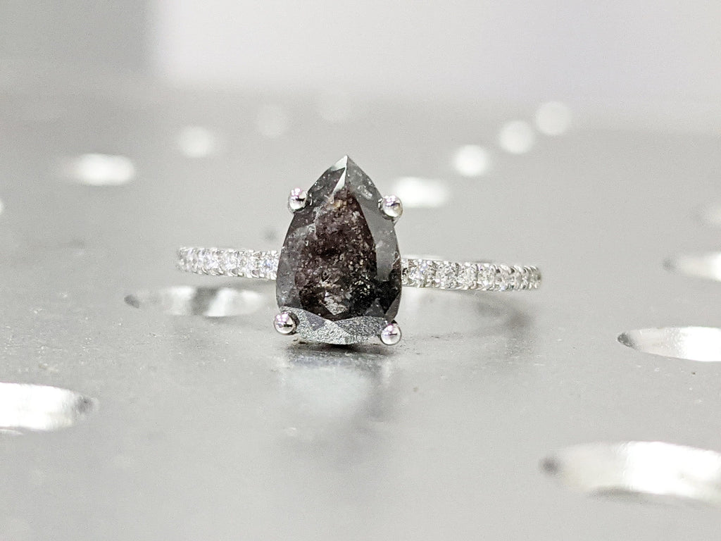 1920's Raw Salt and Pepper Diamond | Pear Diamond Ring | Unique Engagement Bridal Set | Black, Gray Pear | 14k Yellow, Rose, or White Gold