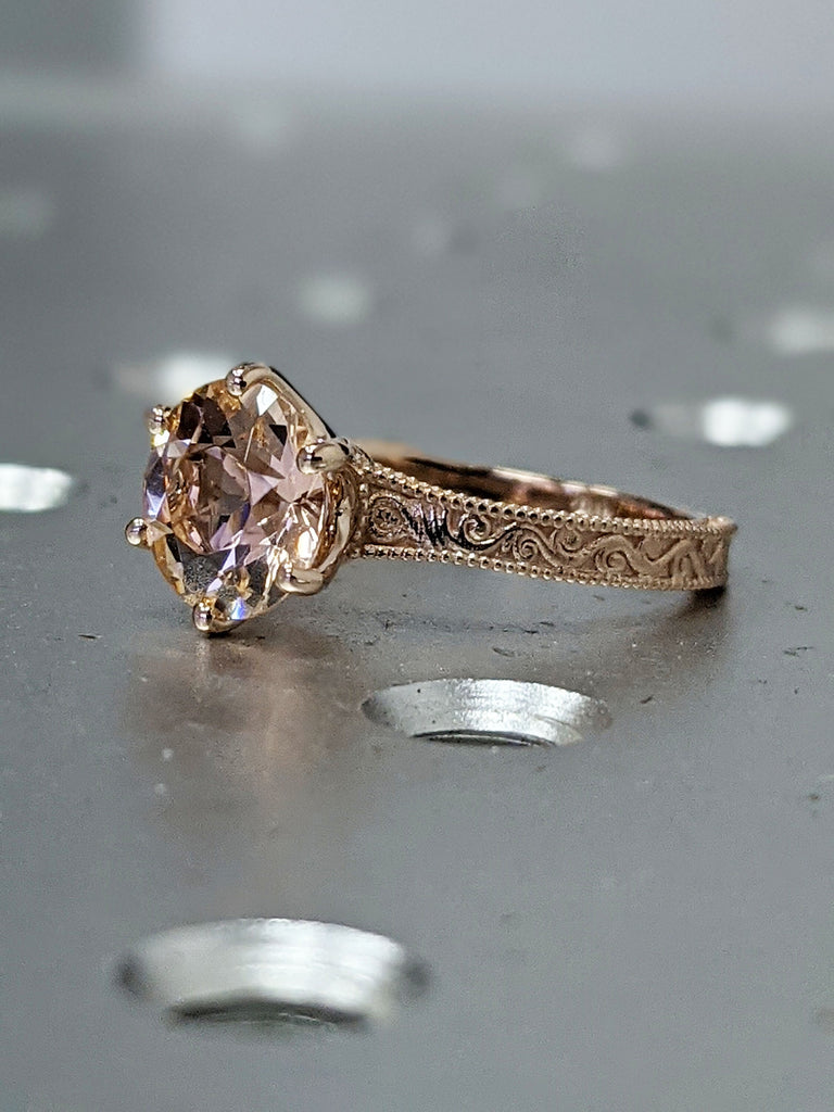 Rose Gold Vintage Morganite Solitaire Ring, Morganite Ring, Antique Design, Squared Milgrained Edges, Basket Setting