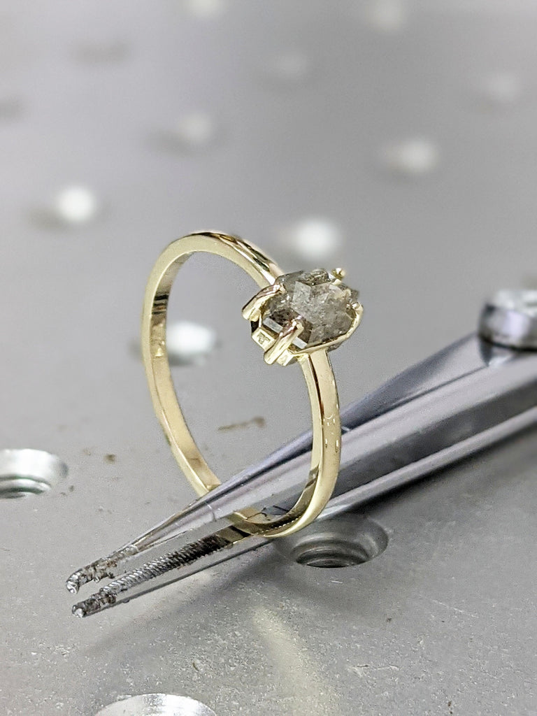 Bright 0.5ct Raw Diamond, Salt and Pepper, Hexagon, Unique Engagement Ring, Rose Cut Geometric Diamond Ring, 14k Gold, Custom Handmade