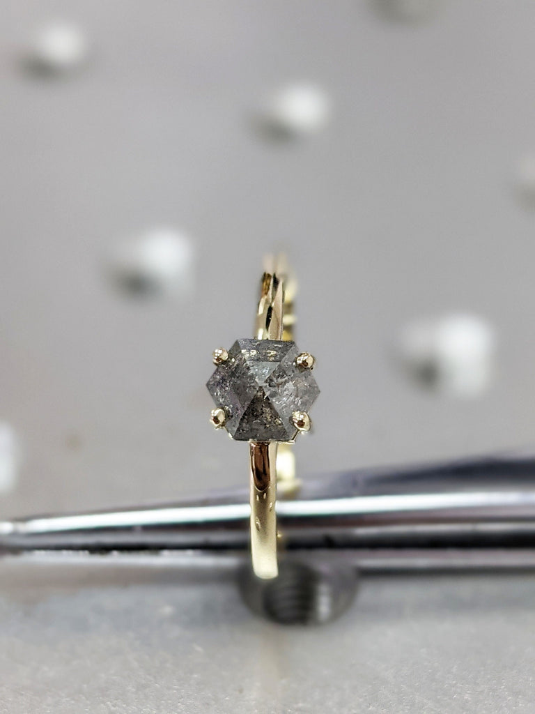 Raw Diamond, Salt and Pepper, Hexagon, Unique Engagement Ring, Rose Cut Geometric Diamond Ring, 14k Gold, Custom Handmade