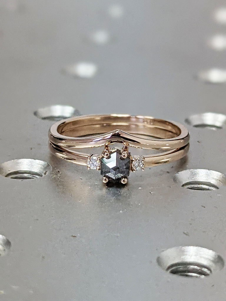 Raw Diamond, Salt and Pepper, Hexagon, Unique Engagement Ring, Rose Cut Geometric Diamond Ring, 14k Gold, Custom Handmade