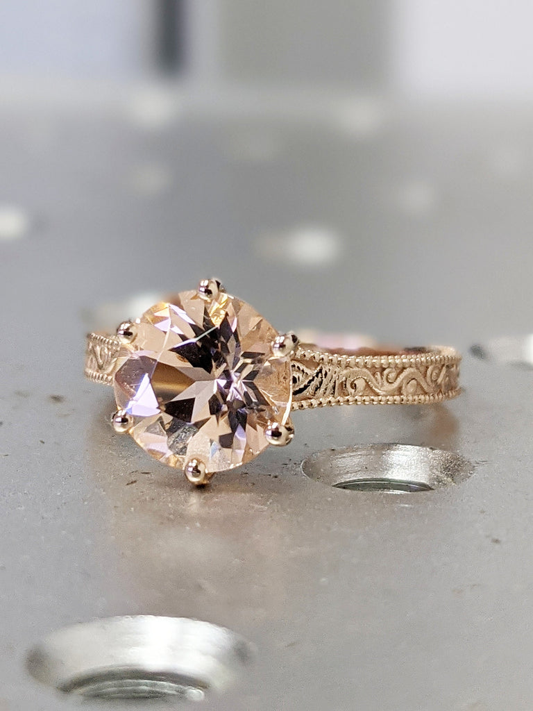 Rose Gold Vintage Morganite Solitaire Ring, Morganite Ring, Antique Design, Squared Milgrained Edges, Basket Setting